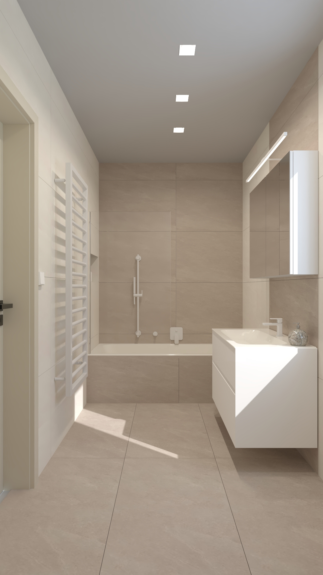 Nowoczesna beżowa łazienka z wanną i podwójną umywalką