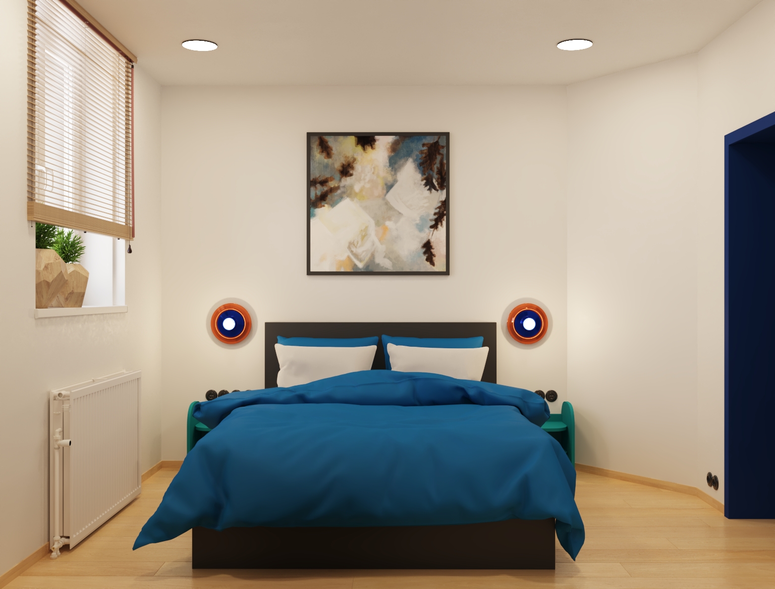 Widok na łóżko z błękitną pościelą i dekoracyjnym obrazem nad wezgłowiem – projekt apartamentu babahaus