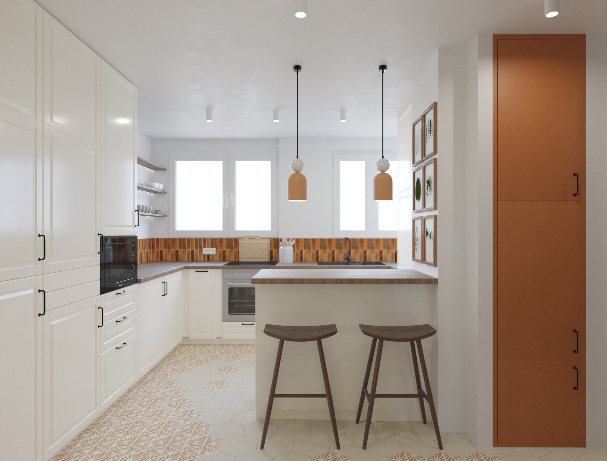 Nowoczesna kuchnia z białą zabudową i dodatkami w kolorze terakoty – projekt babahaus