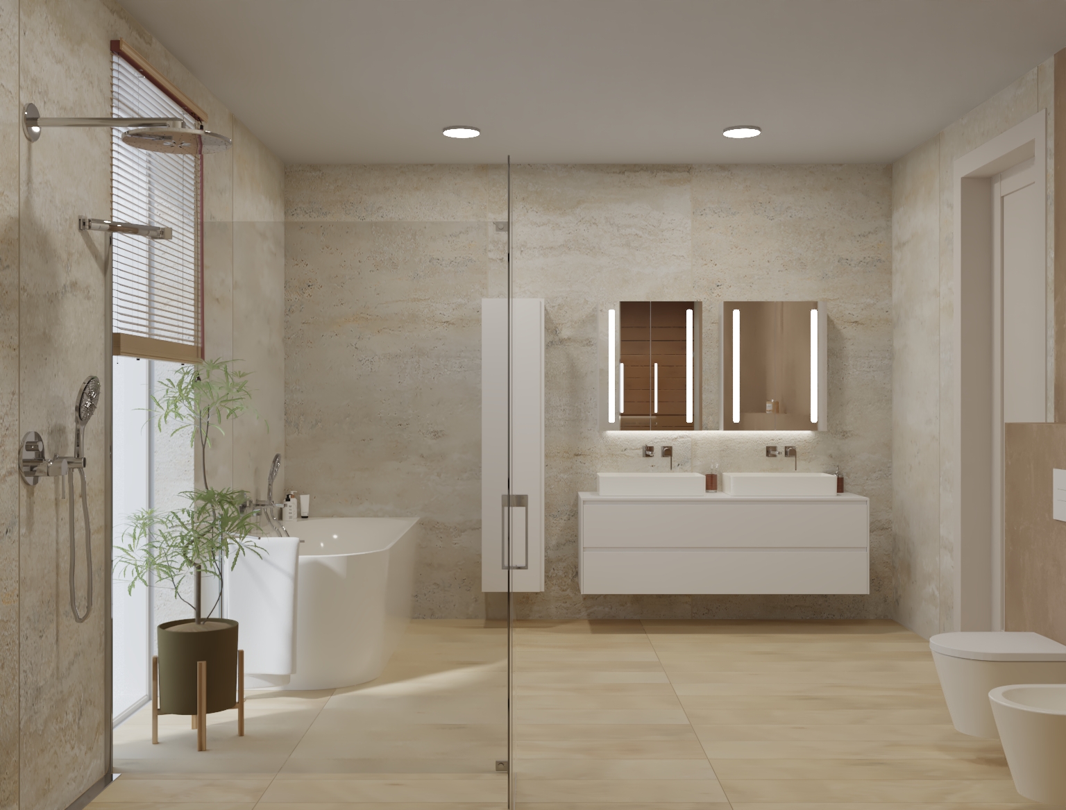 Minimalistyczna kabina prysznicowa z deszczownicą i rośliną doniczkową przy oknie – projekt babahaus