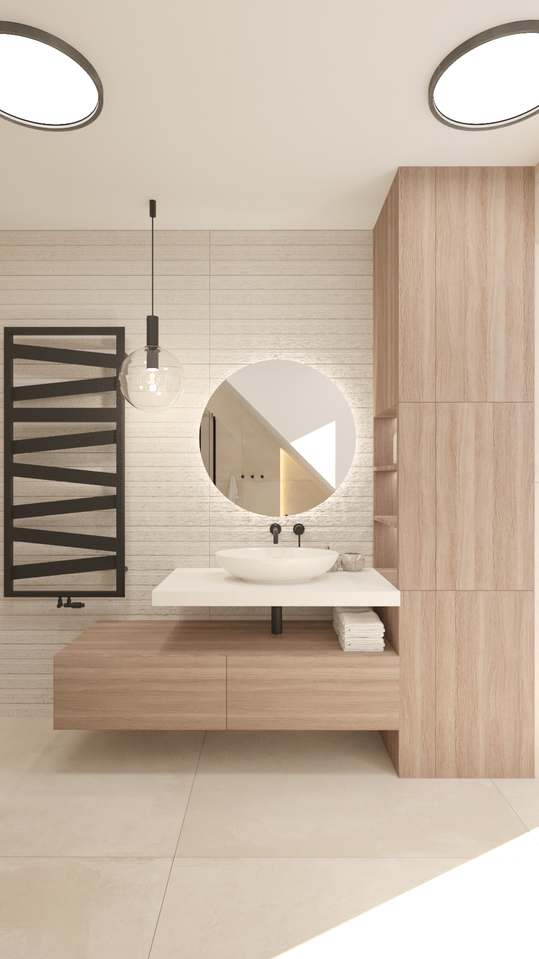 Drewniana szafka z umywalką w nowoczesnej łazience