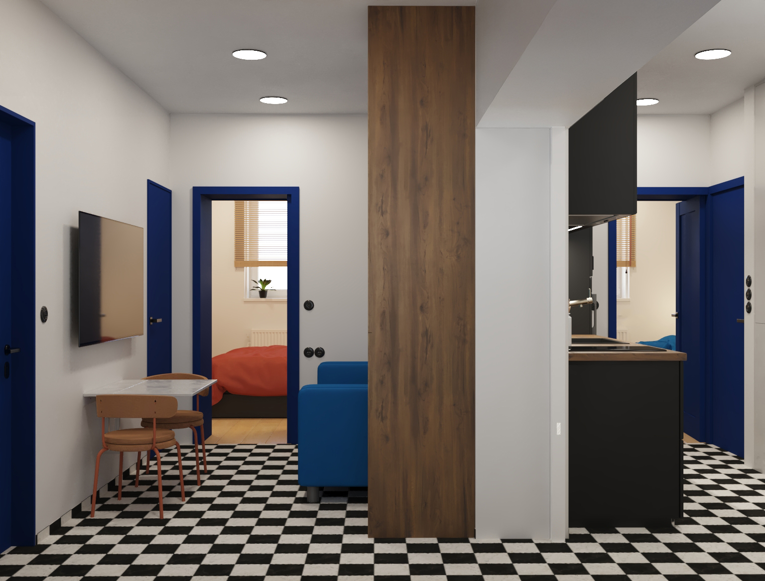 Widok z salonu na sypialnię i kuchnię w apartamencie – projekt babahaus