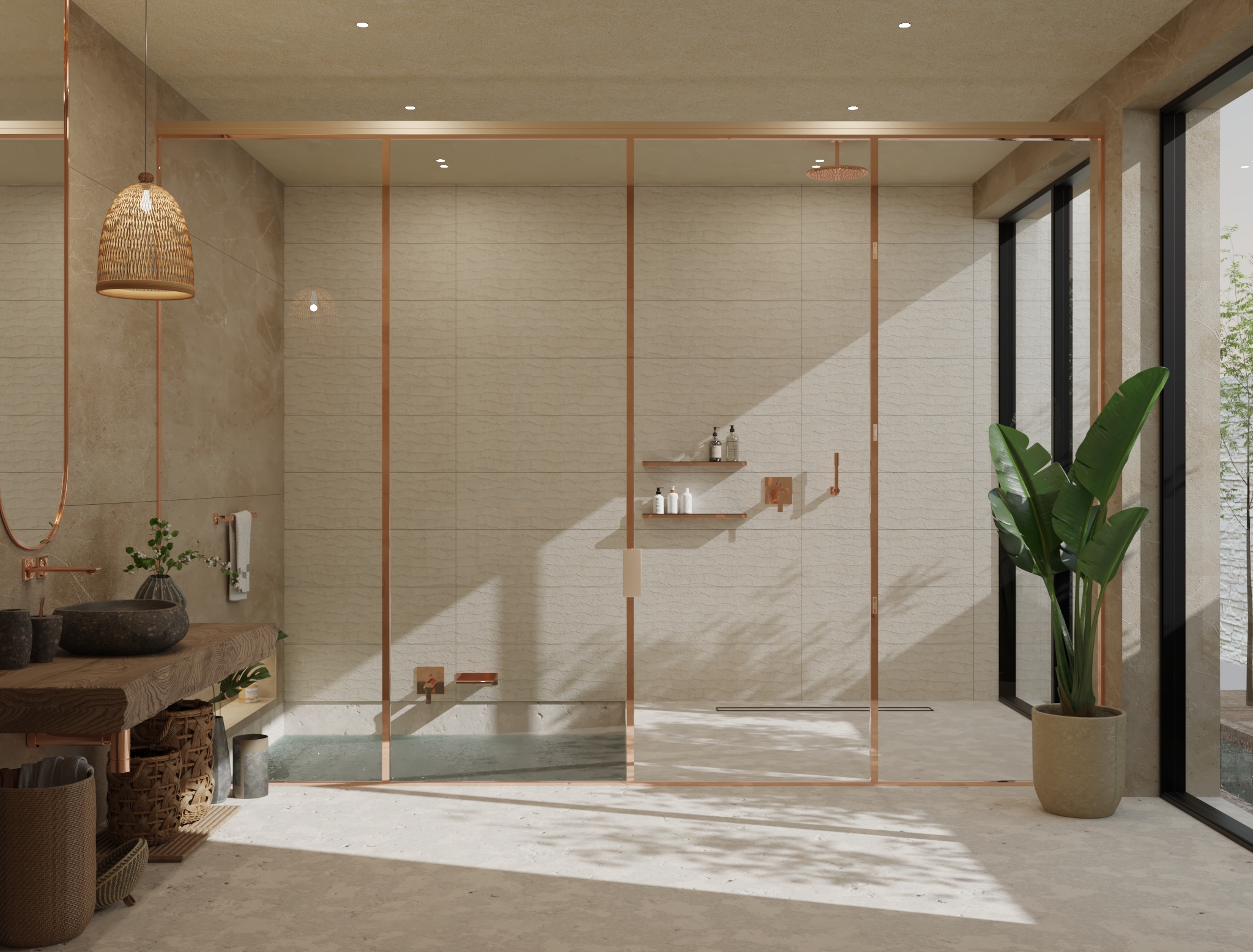 Nowoczesna łazienka z przeszklonym prysznicem i różowymi akcentami – projekt wnętrza od babahaus