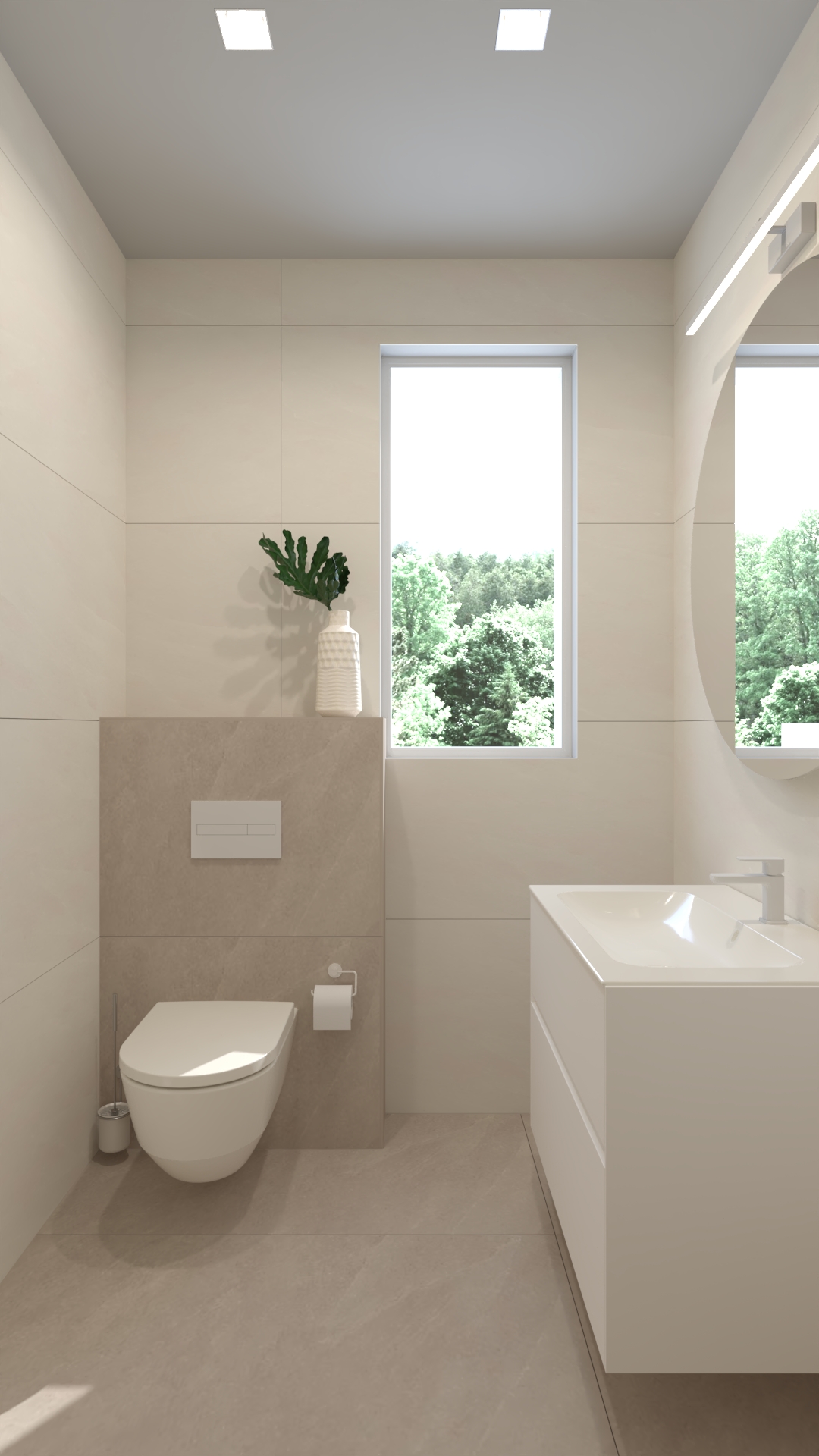 WC z beżowymi płytkami i widokiem przez okno